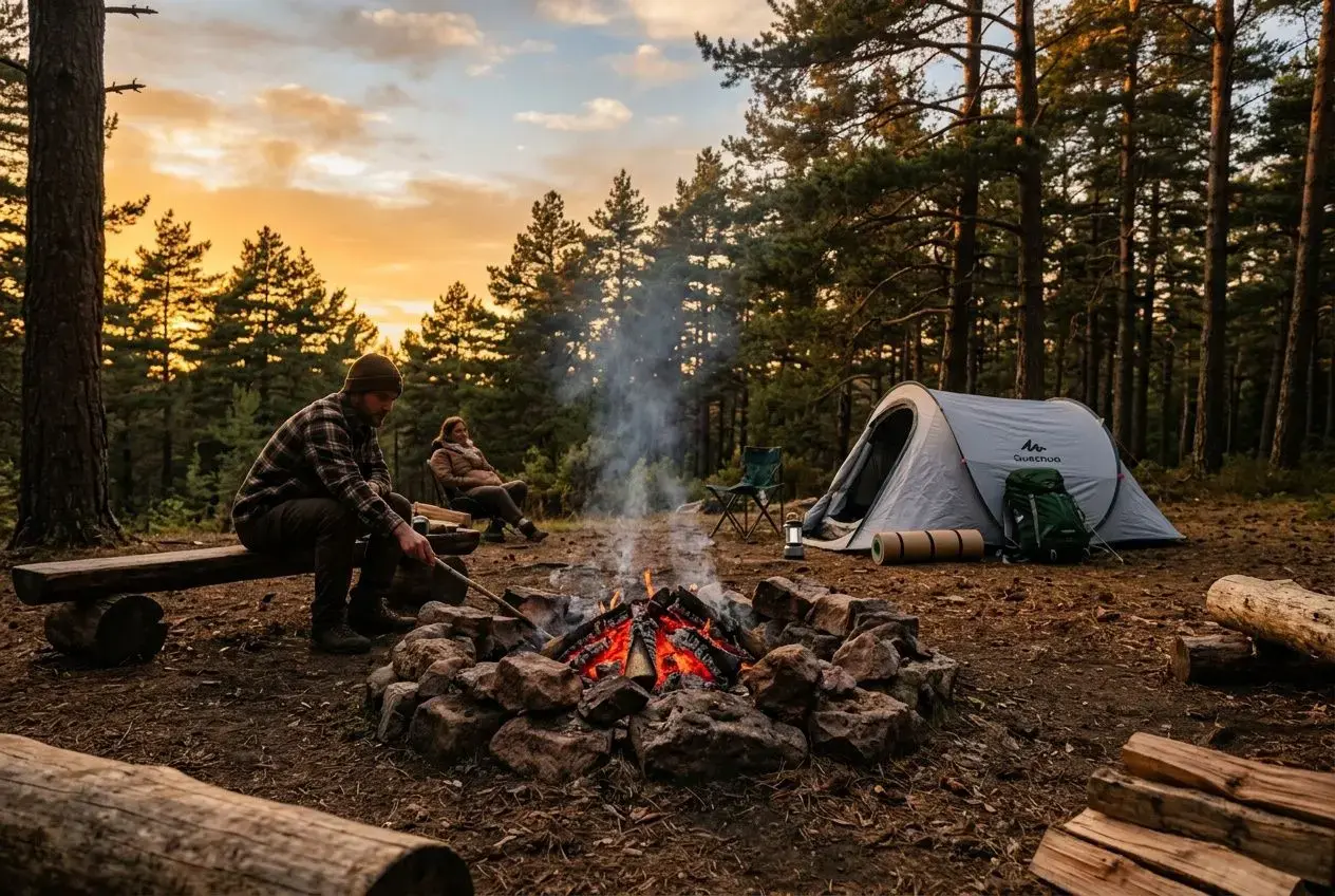 Personnes autour d’un feu de camp en bivouac, bois et tente légère sur fond de forêt en soirée; ambiance randonnée et préparation du feu selon le guide.