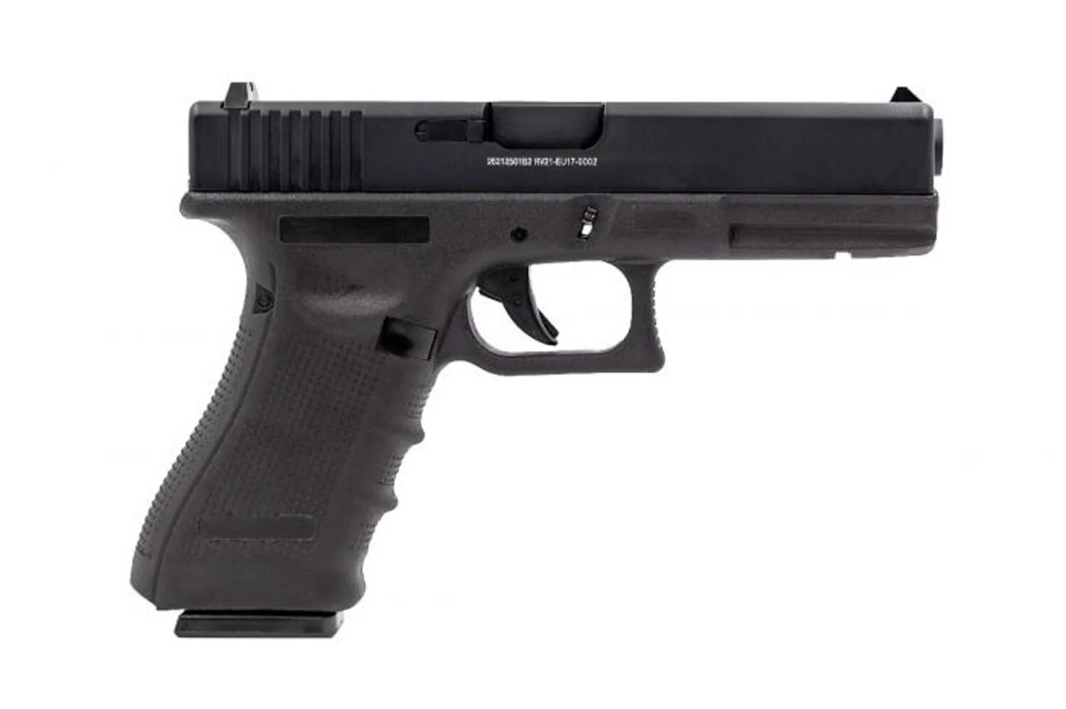Réplique Glock airsoft EU7 gaz noir 300 FPS: pistolet sans balistique blanc vu de profil, grip texturé et culasse noire.