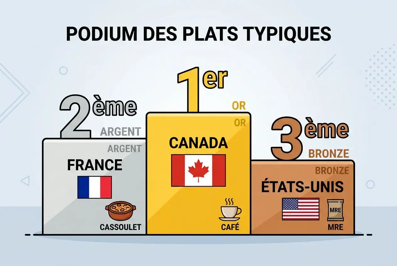 Podium des plats typiques: Canada en 1er, France en 2e et États‑Unis en 3e, avec cafés et casse-croûte sur le podium. Meilleures rations militaires du monde.