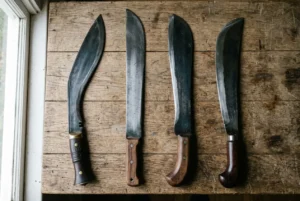 Quatre machettes alignées sur une table en bois, différentes formes de lames et manches en bois ou plastique. Bien choisir la forme de sa machette.