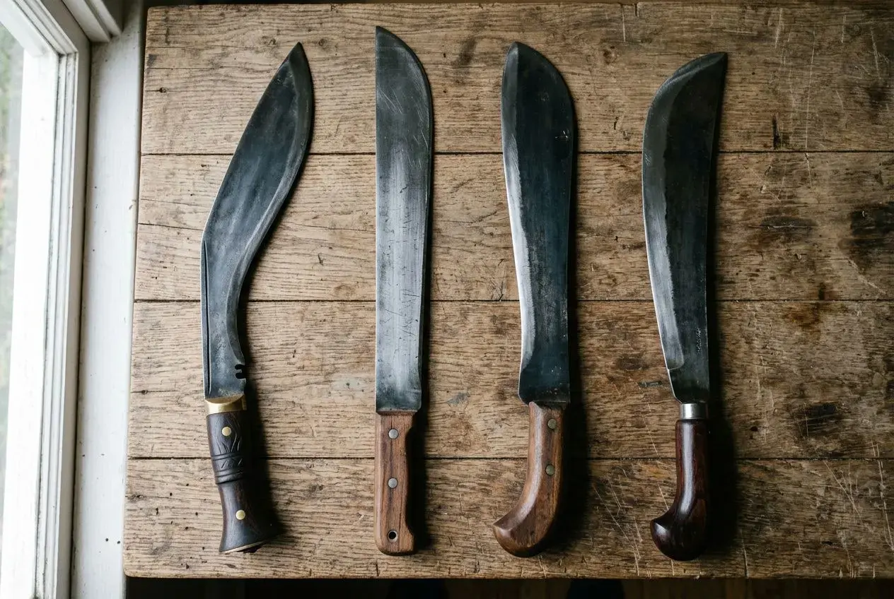 Quatre machettes alignées sur une table en bois, différentes formes de lames et manches en bois ou plastique. Bien choisir la forme de sa machette.