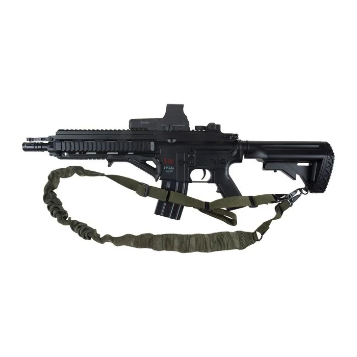 SANGLE ISTC COMBAT 1ポイント/2ポイント HK416グリーンオプティックとグリーンハーネス、ブラックアサルトライフル、センターライン。