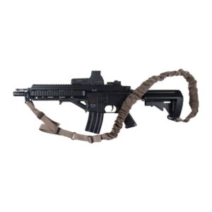 ISTC COMBAT 1ポイント/2ポイント HK416（コヨーテ）ベージュのウェビングでブラックのHK416アサルトライフルを囲むストラップ。