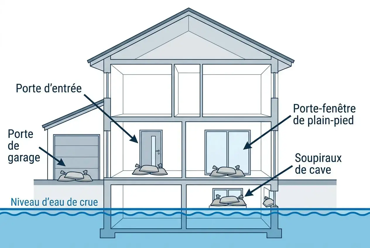 Schéma d’une fuite hydrique sous une maison: divers éléments (portes, fenêtres, chambres) et sacs anti-inondation posés près des ouvertures pour protéger du niveau d’eau de crue.
