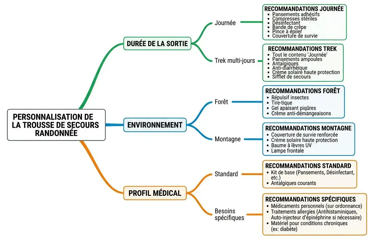 Schéma montrant la personnalisation d’une trousse de secours randonnée avec sections : durée de la sortie, environnement (forêt ou montagne), profil médical et recommandations standard et spécifiques.
