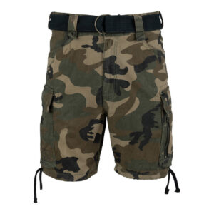 Short cargo pour homme en coton robuste avec ceinture noire et poches cargo camo, style utilitaire.