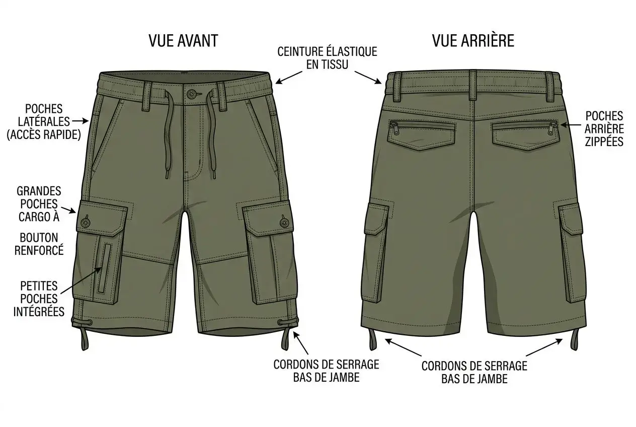 Short cargo homme avec grandes poches, ceinture élastique et bas de jambe cordons; vue avant et arrière. integré: comment choisir un short outdoor homme.