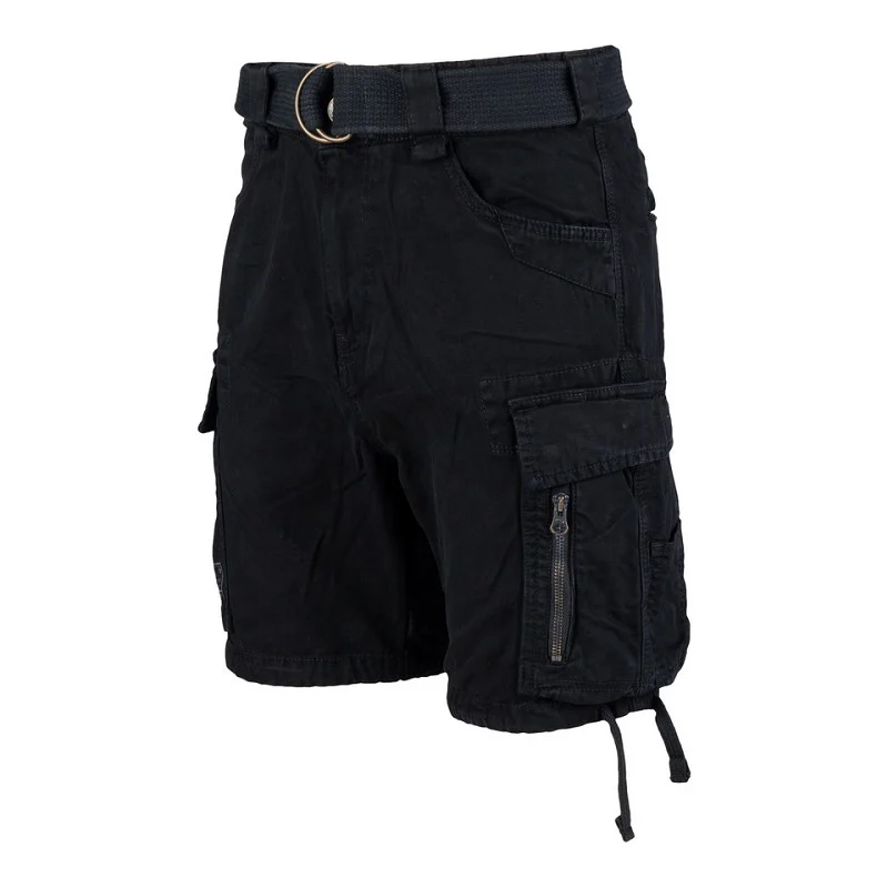 Short cargo homme en coton noir avec ceinture, poches cargo zippées et cordons de serrage. adapté pour randonnée outdoor.