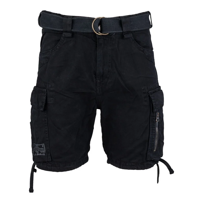 Short cargo homme en coton résistant, ceinture noire et poches latérales zippées pour la randonnée et outdoor.