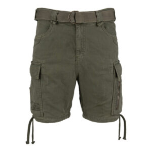 Short cargo homme 100% coton vert, ceinture intégrée et poches cargo sur les côtés.