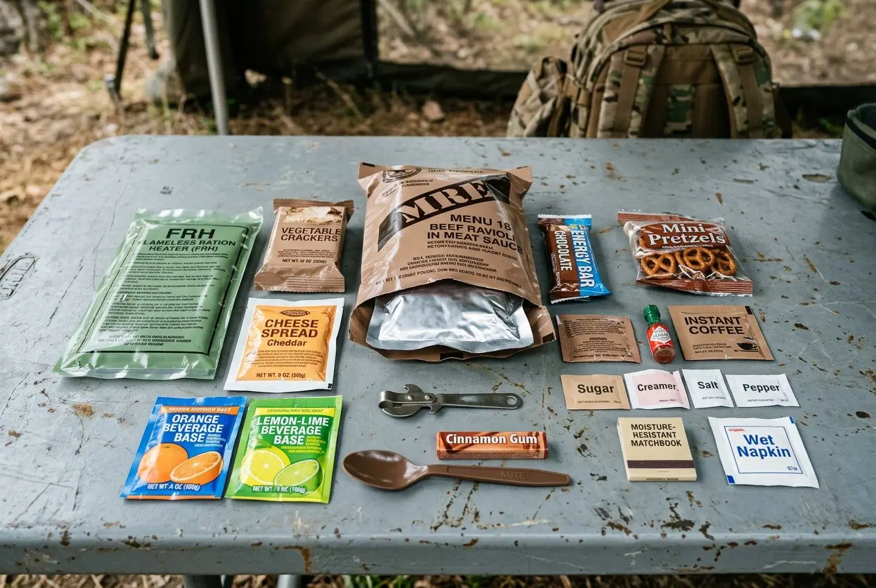 tableau-etale-rations-militaires-variees-table-metallique