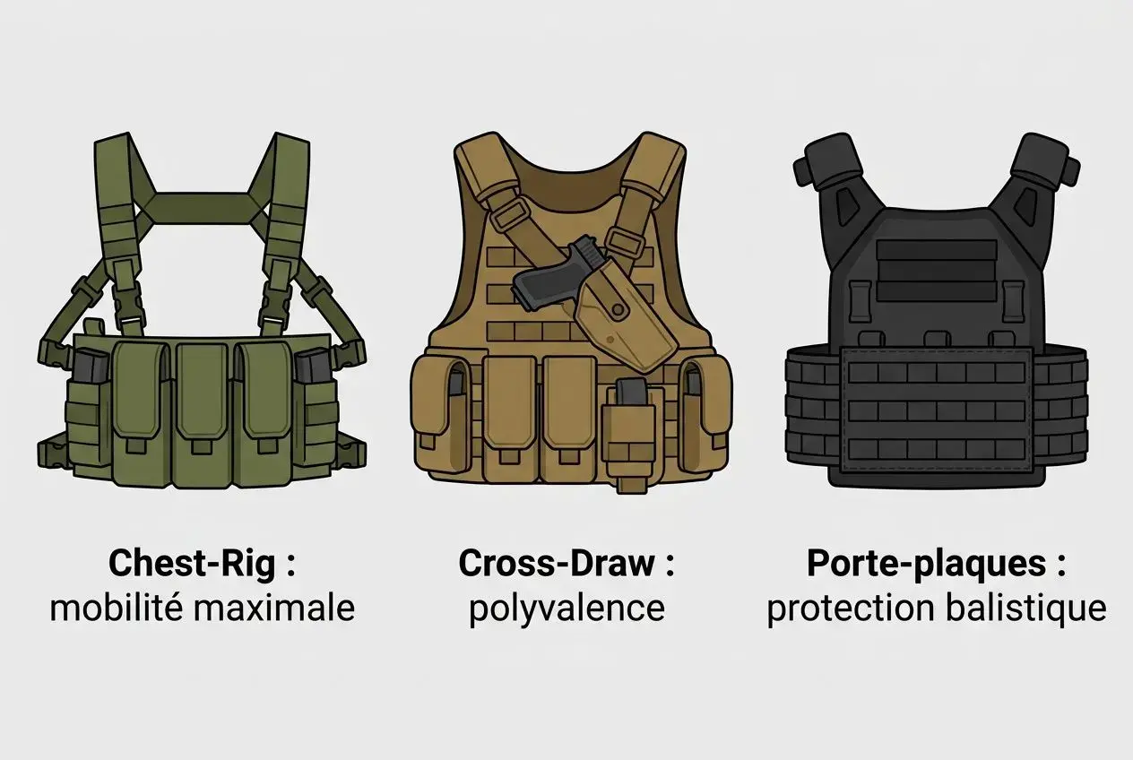 Trois gilets tactiques illustrés: Chest-Rig pour mobilité maximale, Cross-Draw polyvalent avec poches, et Porte-plaque balistique pour protection. Comment choisir mon gilet tactique.