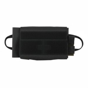 Trousse médicale IFAK noir Ares, pochette de premier secours en tissu noir avec logo croix, poignées et compartiments intégrés.
