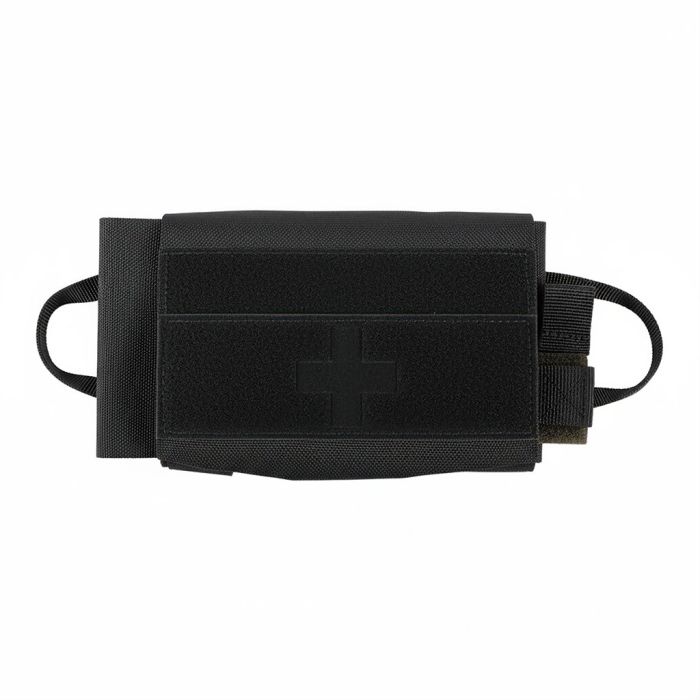 Trousse médicale IFAK noir Ares, pochette de premier secours en tissu noir avec logo croix, poignées et compartiments intégrés.
