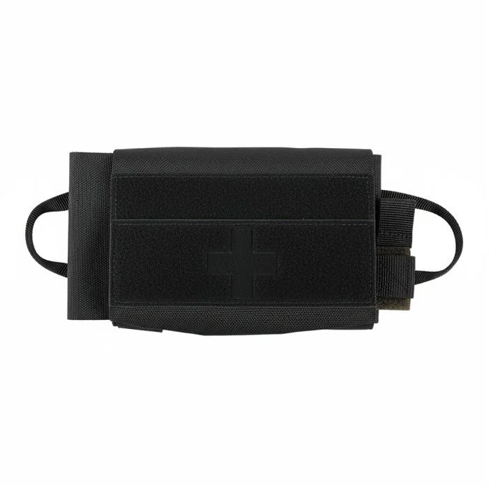 Trousse médicale IFAK noir Ares, pochette de premier secours en tissu noir avec logo croix, poignées et compartiments intégrés.