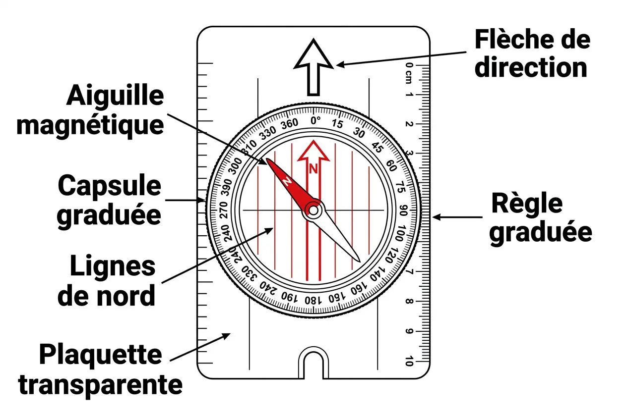 Aiguille magnétique et capsule graduée sur une boussole avec ligne de nord, plaquette transparente et règle, flèche de direction indiquant les graduations. Comment bien choisir sa boussole.