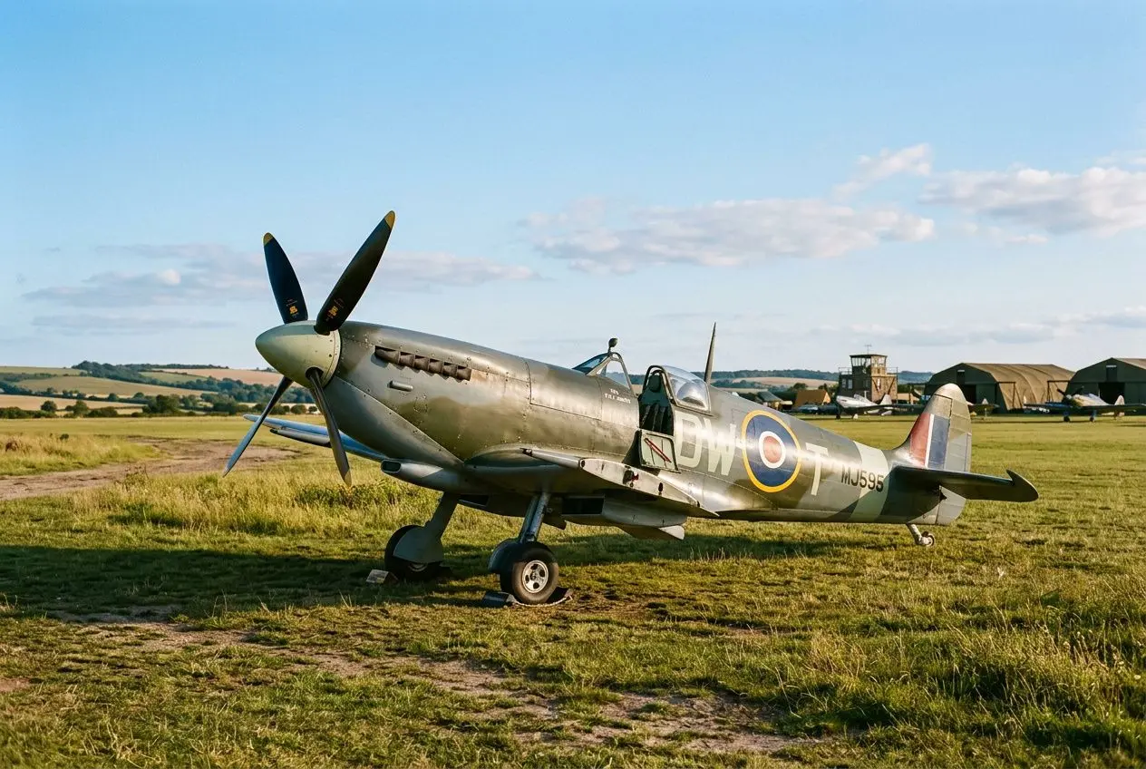 Avion de chasseVintage sur herbe, couvercle d’ailes et train d’atterrissage, décor champêtre et hangars au loin, représentant les avions militaires de légende.