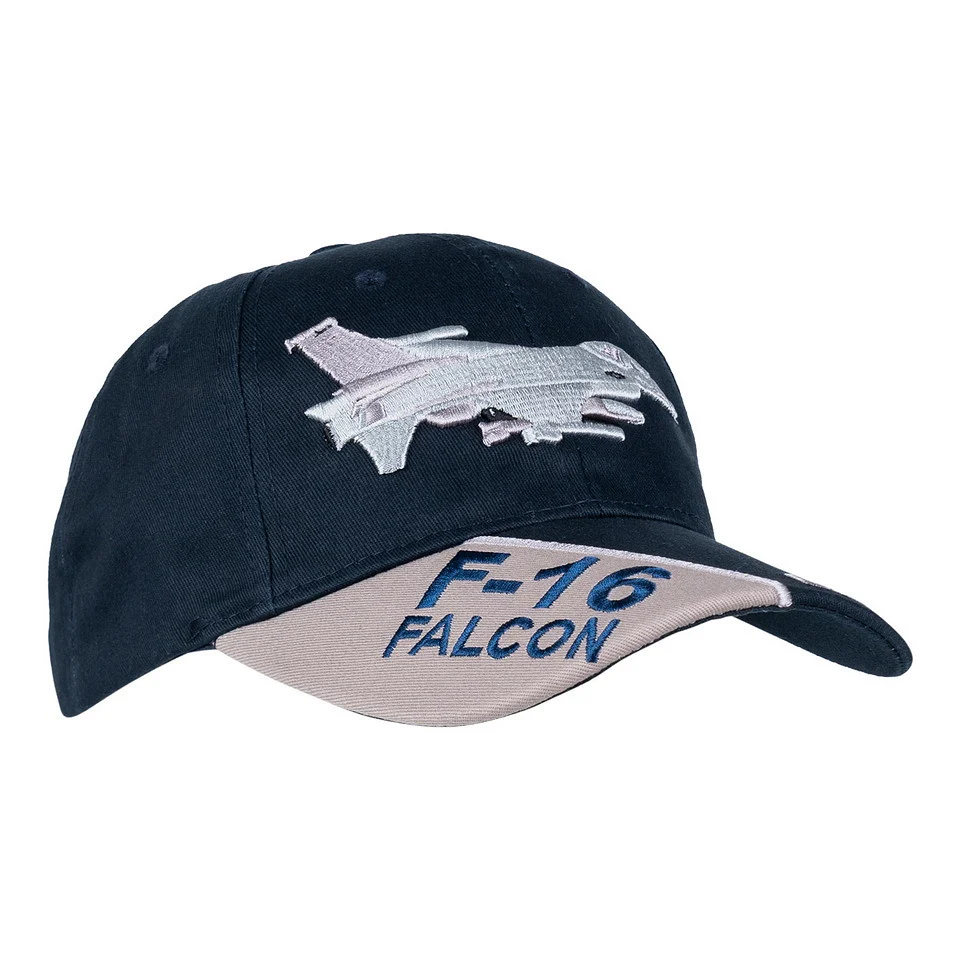 Cappellino blu navy con l'emblema F-16 Falcon ricamato e visiera beige con la scritta “F-16 FALCON” per il prodotto Cappellino F-16 Falcon U.S. Air Force