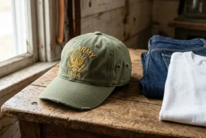 Casquette militaire verte avec empiècement U.S. Army et année 1944 posée sur une table en bois, près de vêtements roulés.