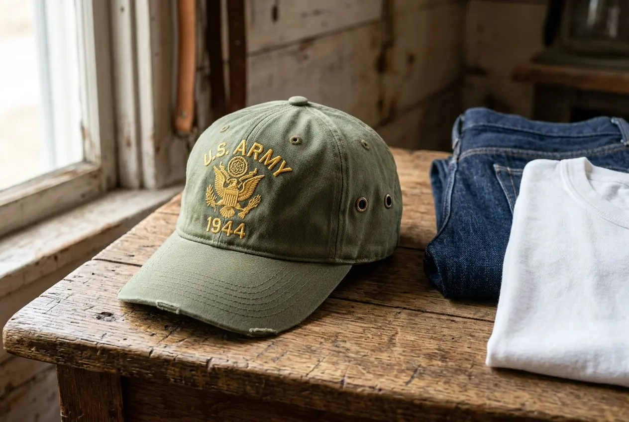 Casquette militaire verte avec empiècement U.S. Army et année 1944 posée sur une table en bois, près de vêtements roulés.