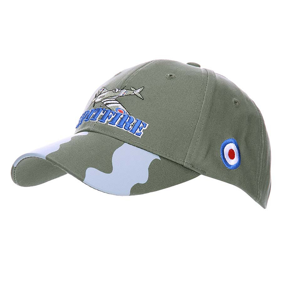 Casquette baseball verde camouflage avec logo avion et broderie “Spitfire” sur la visière, style vintage RAF et confort assuré.