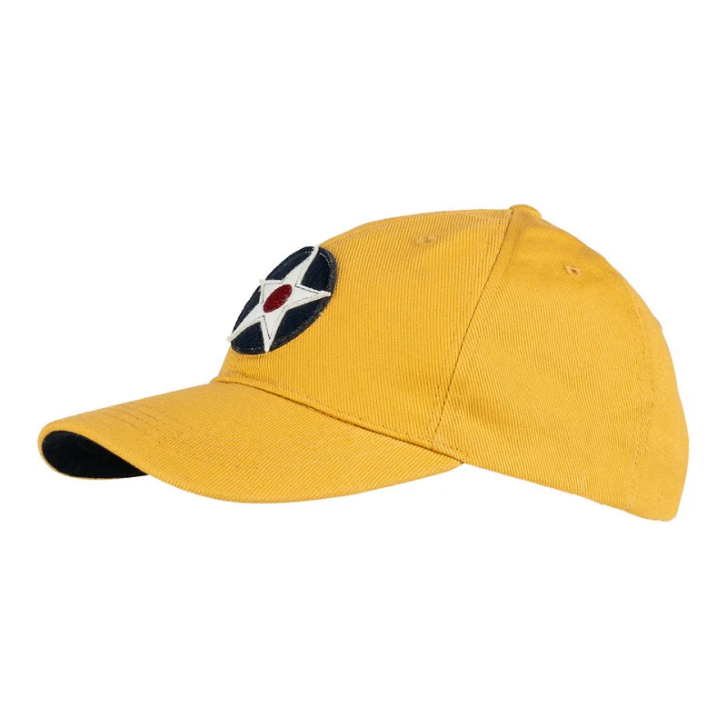 Casquette jaune vintage USAAC Army Air Corps avec écusson rond étoilé sur le devant.