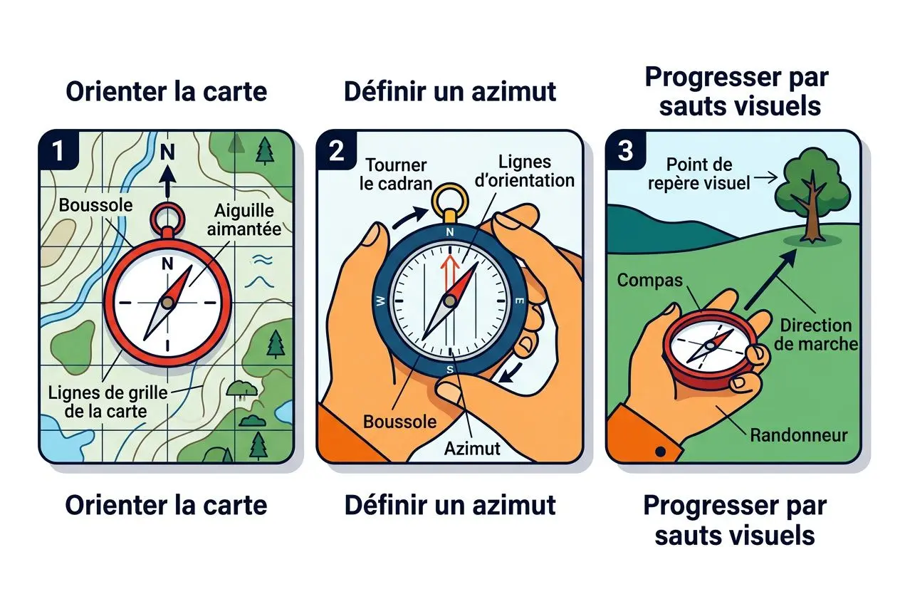 Comment bien choisir sa boussole : illustration montrant orientation de la carte, définition d’un azimut et progression par sauts visuels avec boussole, cadran et ligne de cap.