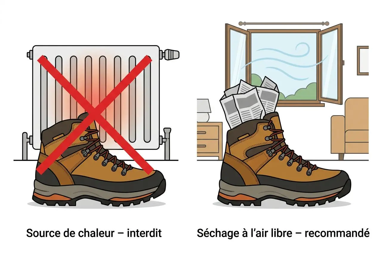 Comment entretenir ses chaussures de rando en gore tex, illustration: interdiction de source de chaleur vs séchage à l’air libre recommandé