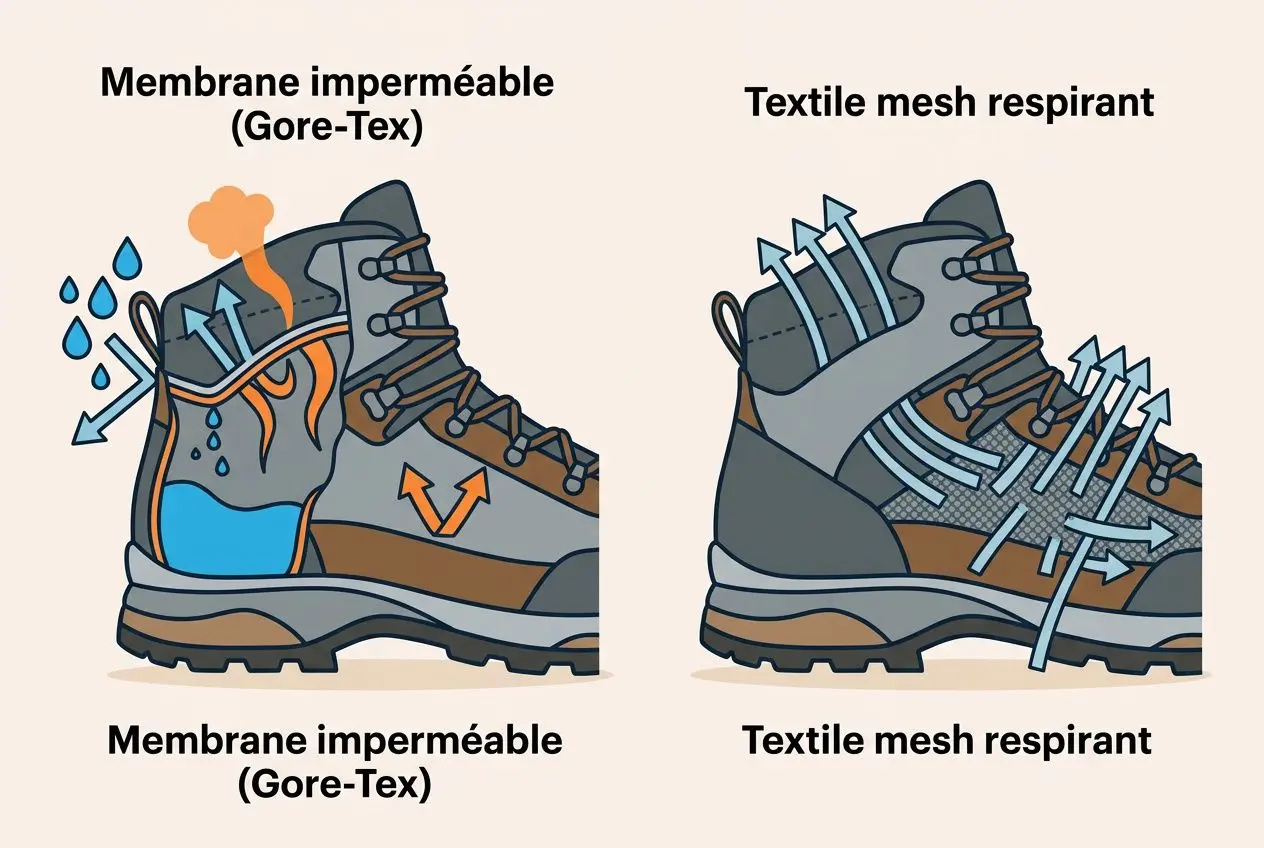 Comparaison: chaussures de randonnée avec membrane imperméable et Gore-Tex, avec isolation et drainage, et respirante en mesh textile. Choisir ses chaussures de randonnée en fonction de la saison.