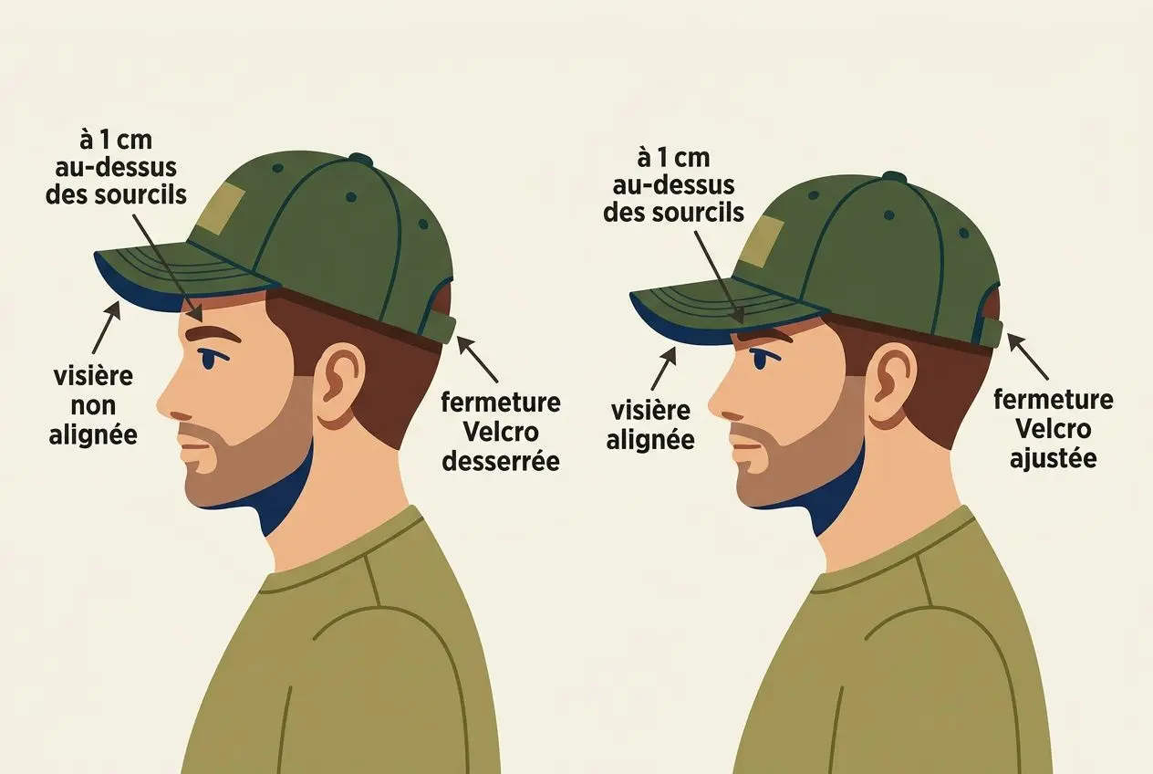 Deux profils d’homme portant une casquette militaire, démontrant les positions et ajustements: visière non alignée vs visière alignée, fermeture Velcro desserrée vs ajustée, et distance à 1 cm au-dessus des sourcils. intégrer: comment porter une casquette militaire au quotidien
