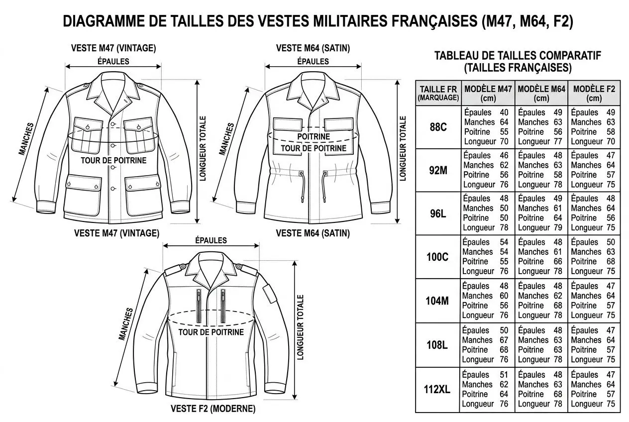 Diagramme de tailles des vestes militaires françaises (M47, M64, F2) avec vues dos et détail poitrines; tableau comparatif tailles.