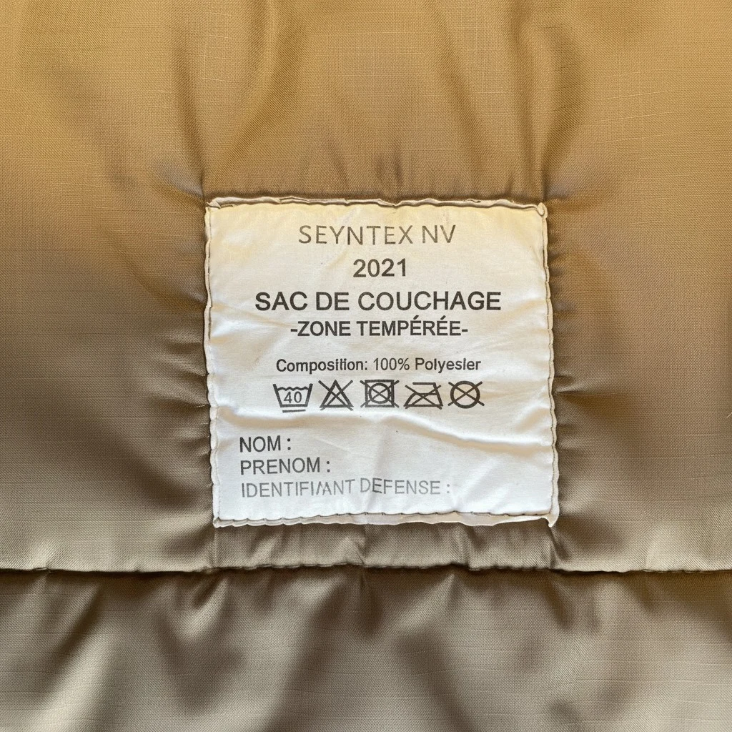 Etiquette blanche cousue sur sac de couchage militaire kaki : informations de composition et avertissements d’entretien.