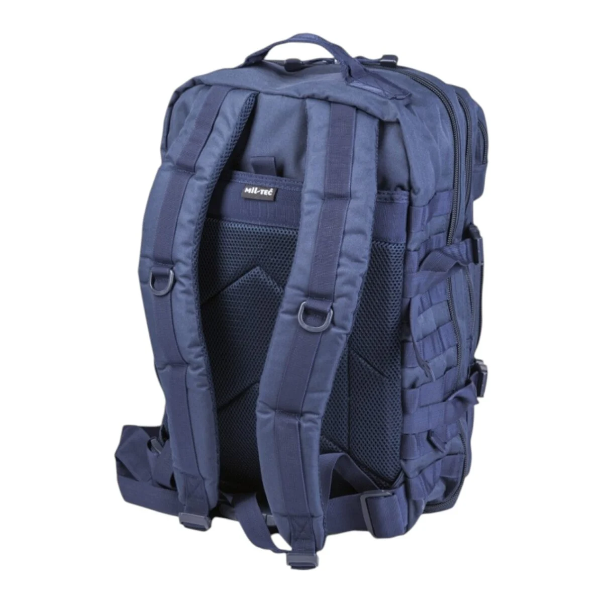 Sac à dos tactique bleu foncé 36L avec bretelles rembourrées et dos mesh, poignée supérieure et sangles MOLLE.