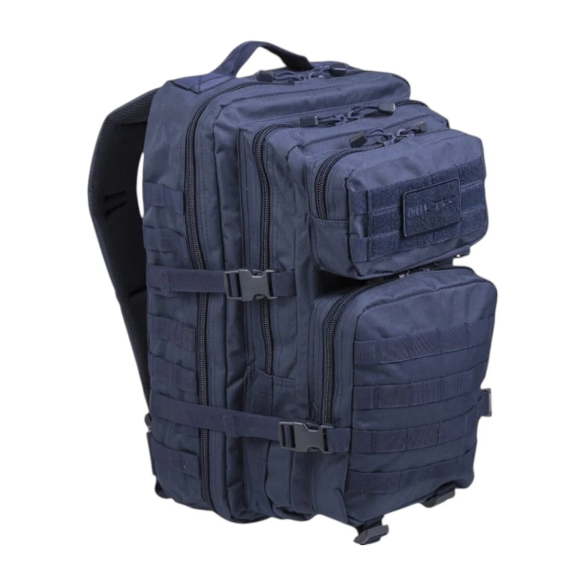 Sac à dos tactique d’une capacité 36L bleu marine, compartiments zippés multiplex, poches MOLLE et sangles de compression.