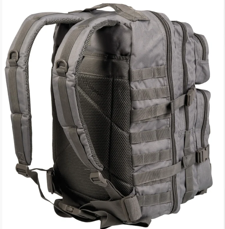 Sac à dos tactique 36L U.S. Assault pour activités outdoor, avec bretelles rembourrées et panneau MOLLE gris.