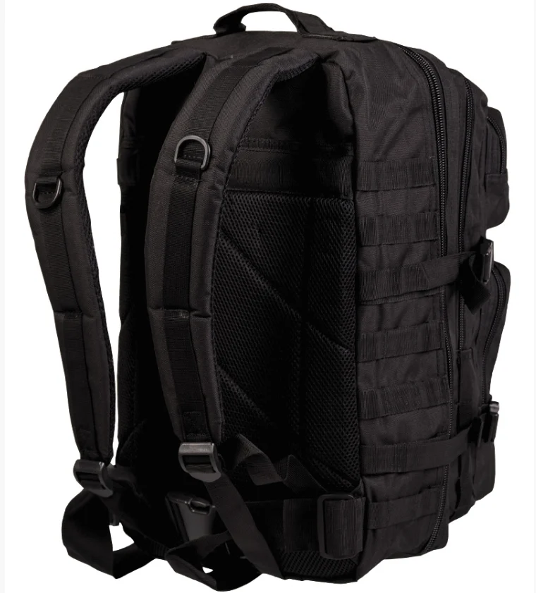 Sac à dos tactique noir 36L avec bretelles rembourrées, pochettes MOLLE et dos en mesh respirant.