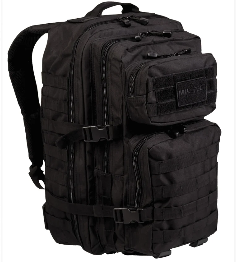 Sac à dos tactique noir 36L avec poches zippées et panneau MOLLE, poignée et bretelles rembourrées, idéal outdoor.