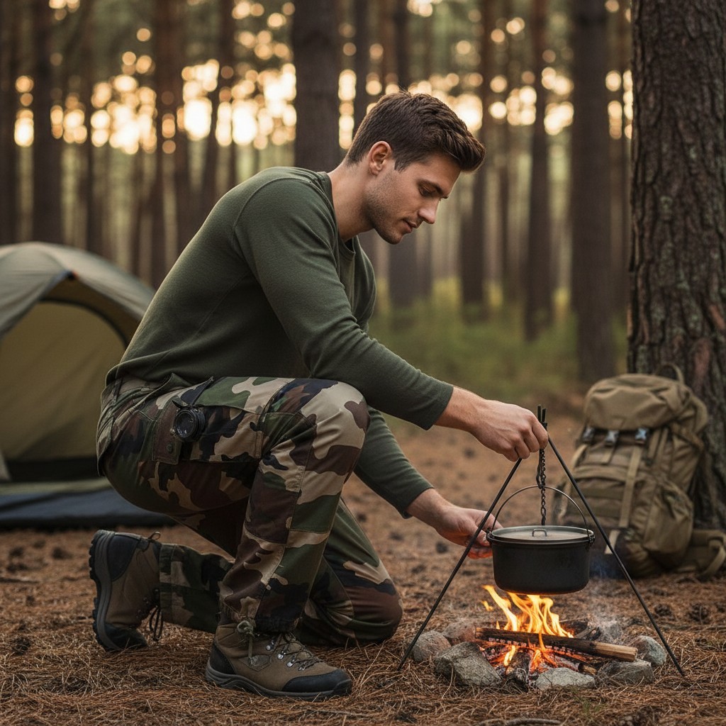 Pantalon treillis camouflage militaire armée française en action, homme assis près du feux de camp en forêt, tenue complète et équipement outdoor.