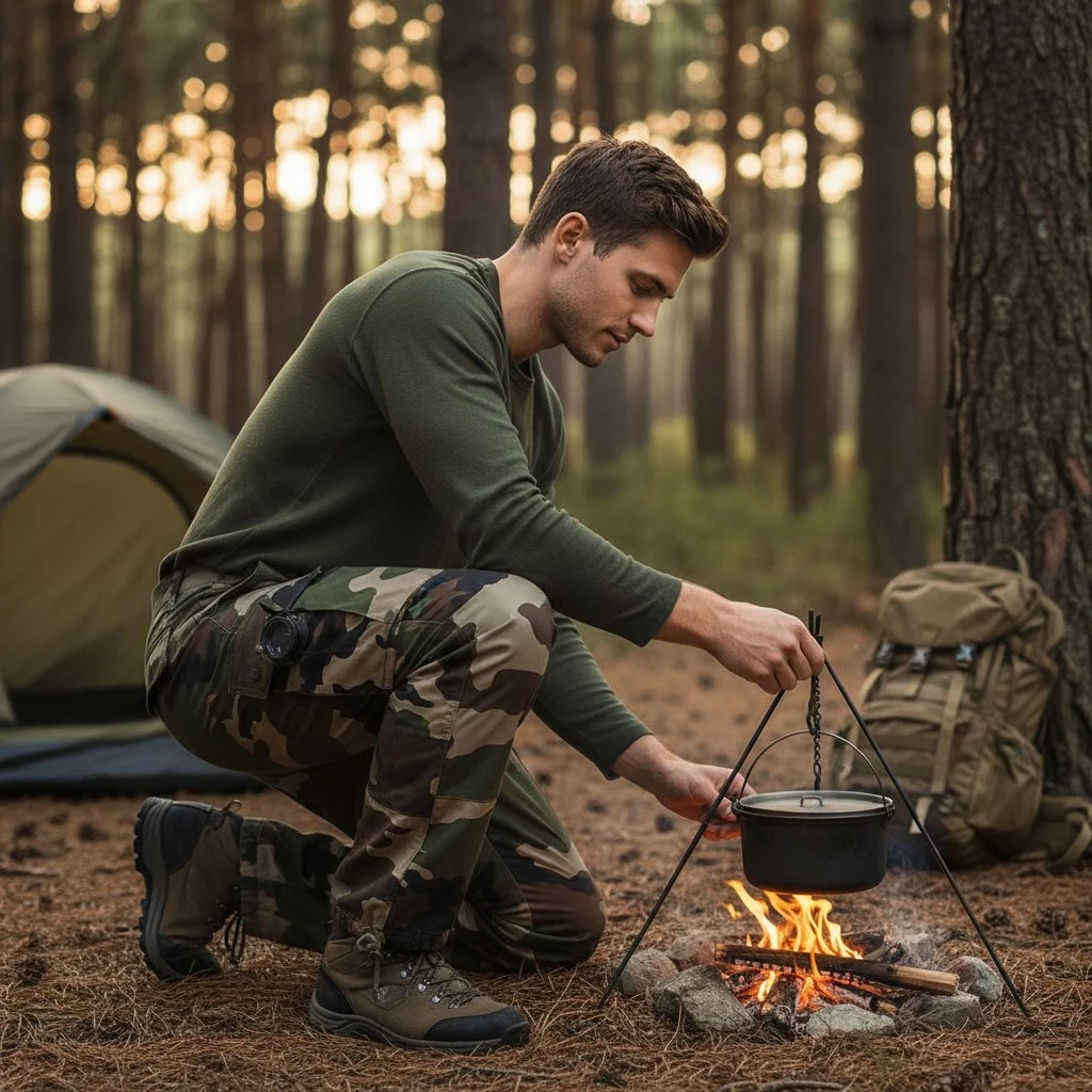 Pantalones de camuflaje militar del ejército francés en acción, hombre sentado junto a la hoguera en el bosque, traje completo y equipo de exterior.