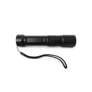 Lampe torche tactique LED rechargeable compacte avec bouton et sangle, noir, idéale pour l’outdoor.