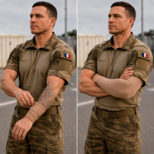 Paire de manchettes couvre-tatouages beige portée sur bras d’un militaire en tenue camouflage, deux vues côte à côte.