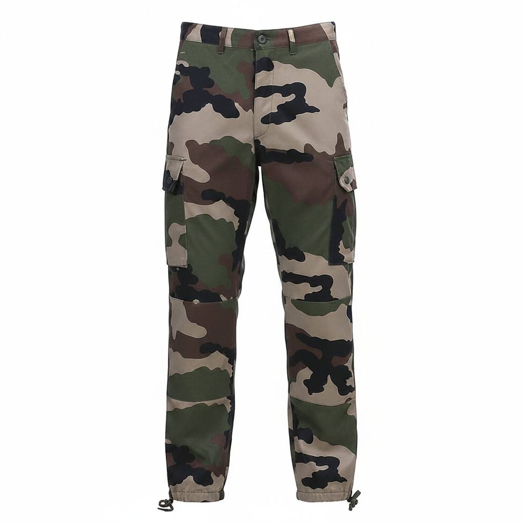 Pantalon treillis camouflage militaire armée française, coupe cargo avec poches latérales, en tissu kaki à motifs camo.