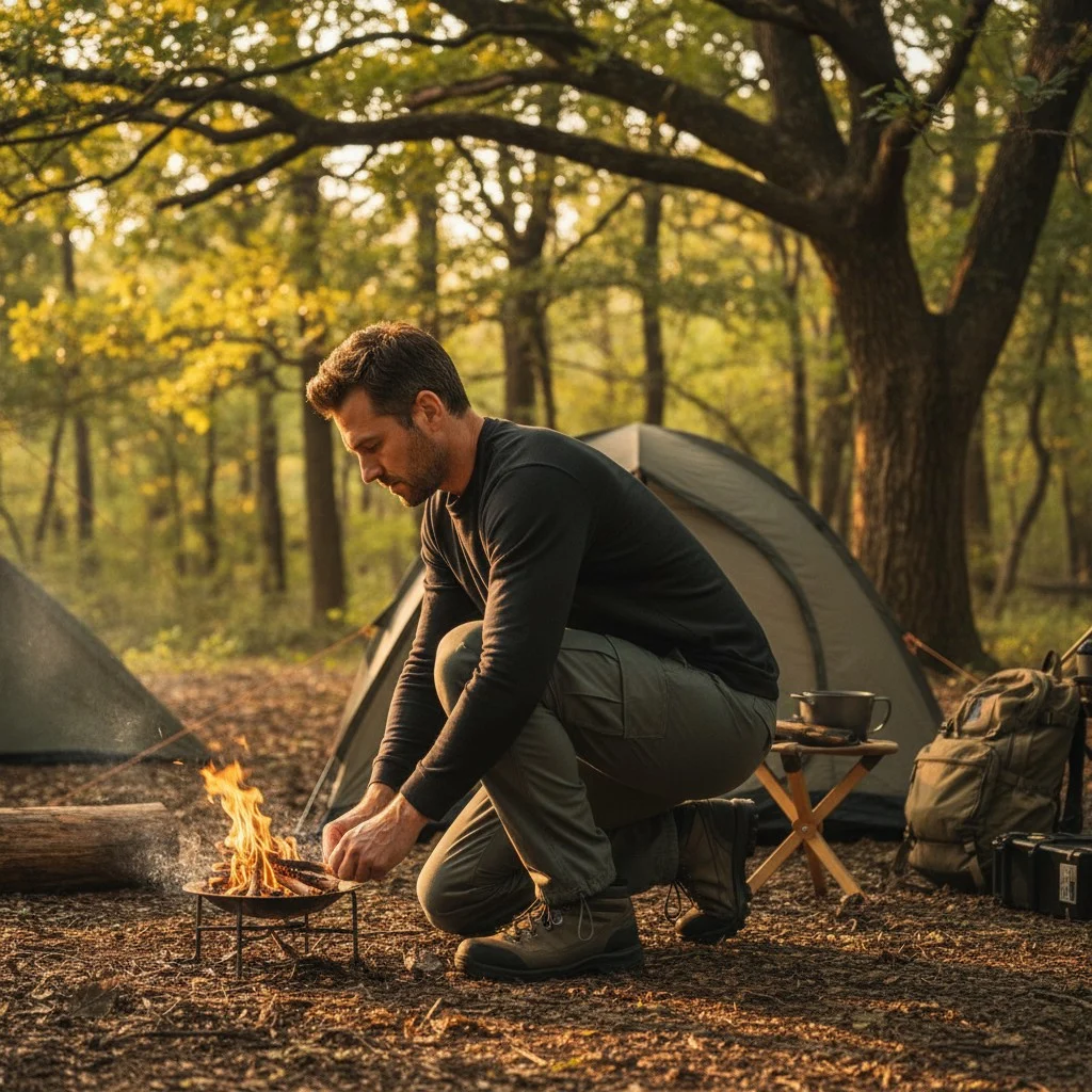 Homme en tenue militaire déployant un feu de camp devant une tente en forêt, équipement de camping à proximité. Pantalon treillis M64 militaire homme.