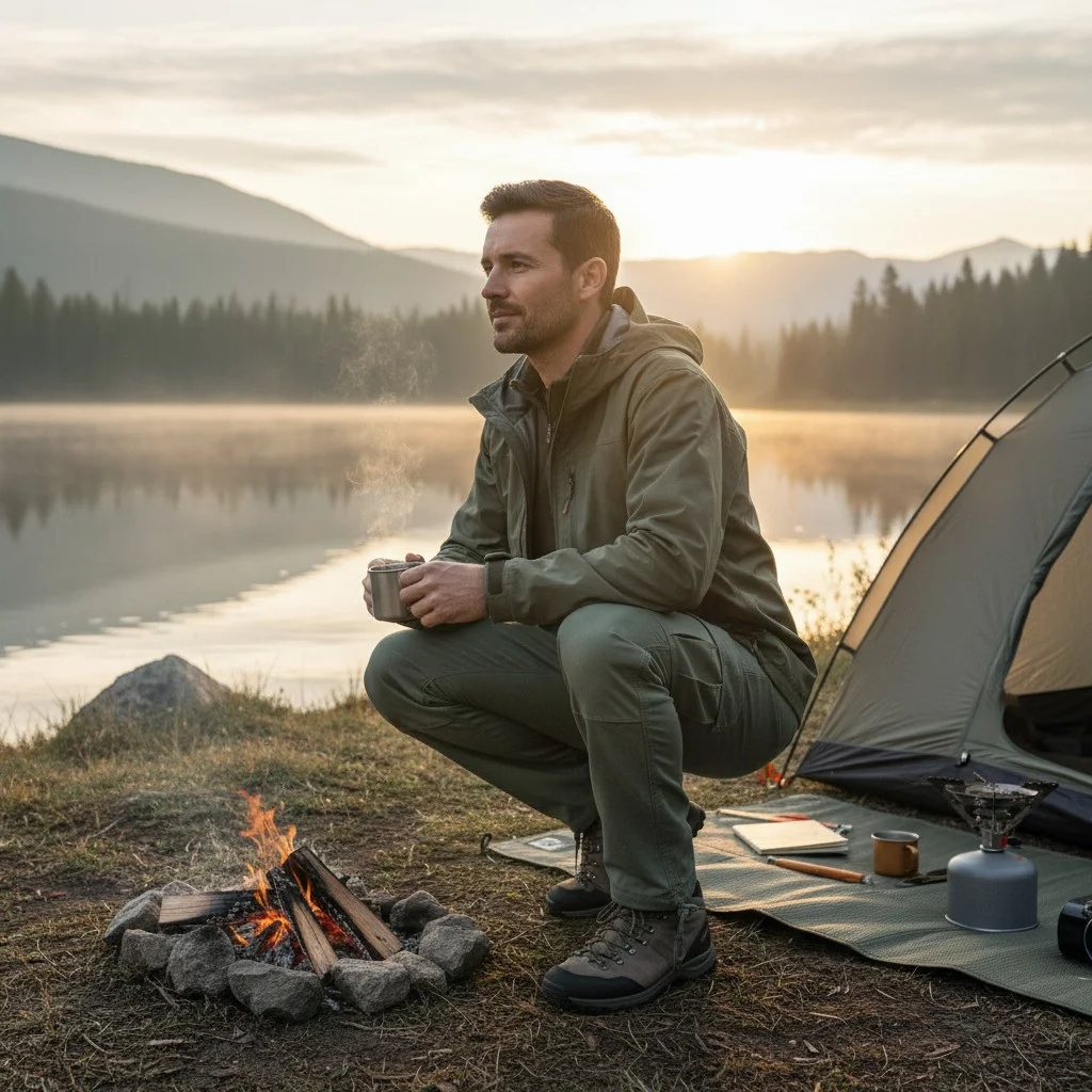 Homme assis près d’un feu de camp au bord d’un lac, en tenue kaki militaire, buvant une boisson, avec tente et matériel de camping. Le tout au lever du soleil. (Pantalon treillis M64 militaire homme)