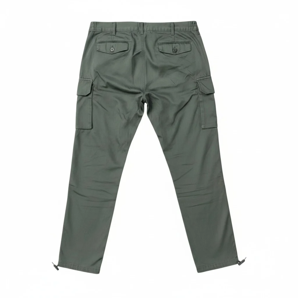 Pantalon treillis M64 militaire homme, pantalon cargo kaki avec poches latérales et boutons/pressions sur les fentes du bas.