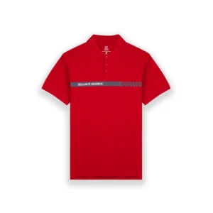 GK Fire Safety red short-sleeved polo shirt with grey-blue reflective stripe reading "FIRE SAFETY".