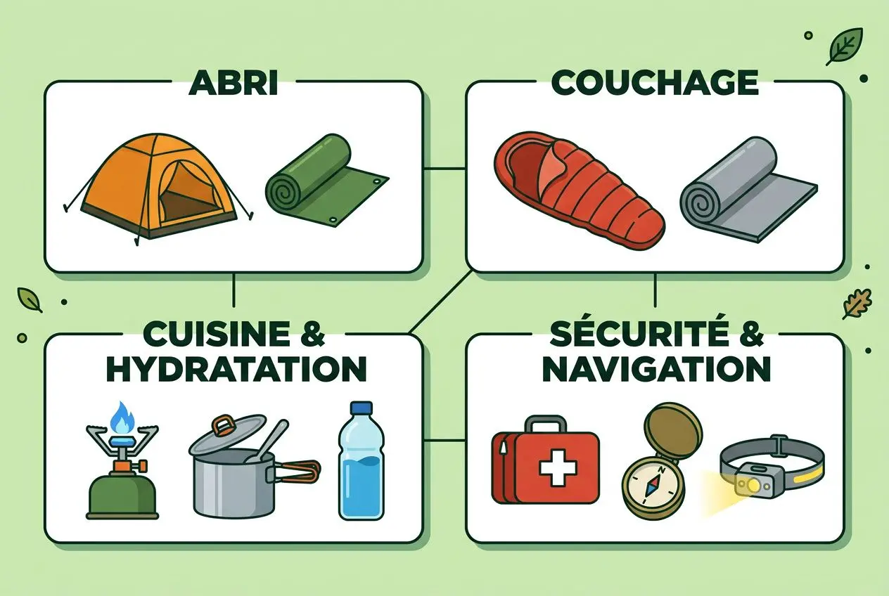 Préparer son sac paquetage pour le bivouac : matériel d’abri, couchage, cuisine & hydratation et sécurité & navigation en un guide visuel.