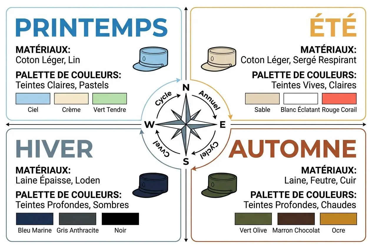 Quatre saisons et palettes de couleurs autour d’un compas: printemps, été, hiver, automne avec matières et couleurs associées.