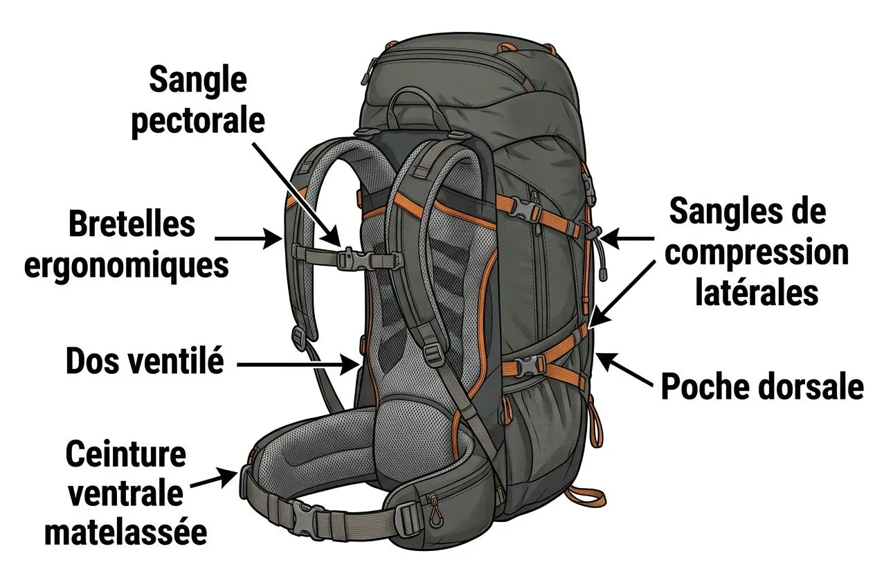 Sac à dos de randonnée vu de dos avec étiquettes des composants et sangles, diagramme d’équipement détaillant sangles ergonomiques et poches. comment choisir la taille de son sac de randonnée.