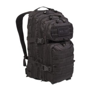 Sac à dos tactique noir de 36L avec sangles MOLLE et poches frontales, livré avec poignée et bretelles rembourrées. Sac U.S. Assault 36L TM & Outdoor.